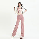 themeisles European And American Gentle Style Dirty Pink Ruffled Jeans, Women's Loose And Trendy Straight Tube Versatile Wide Leg Pants