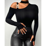 themeisles Spring Summer Women Clothing Daily Wear Black T-shirts Elegant Cold Shoulder Long Sleeve Skinny Casual Top