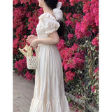 themeisles Elegant Square Collar White Dress Summer Fashion Puff Sleeve Ruffle Dress for Women  Chic Vintage Maxi Dresses