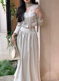 themeisles French White Long Sleeve 2 Piece Set for Women Autumn New Elegant Fashion Short Top High Waist Long Skirt Suit Female Clothing