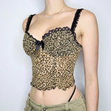 themeisles Leopard Print Mesh Camis Streetwear Y2K Vintage Lace Bow see Through Sexy Summer Backless Crop Top Women Mini Vest