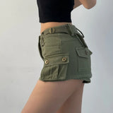 themeisles Denim Cargo Mini Skirt Women Korean Style Low Waist Slim Sexy Vintage Streetwear Green Jean Skirt Y2k Girl Summer