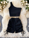 themeisles Casual Women 2 Piece Set Solid Summer Fashion One Shoulder Sleeveless Crop Top and Drawstring Shorts Workout Tracksuits