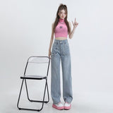 themeisles High End Denim Women's Summer Raw Edge Stitching Design For Lifting Buttocks And Slimming Straight Wash Pants