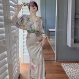 themeisles Printing Midi Bodycon Dress Elegant Japan Style V-Neck Long Half Batwing Sleeve Sashes Floral Maxi Dresses for Women Summer