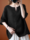 themeisles Women Summer Blouse Casual Oversized Chemise Fashion Solid Vintage Half Sleeve Blusas Female O Neck Cotton Top Tunic