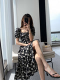 themeisles Vintage French Sexy Bodycon Black Floral Square Collar Office Lady Midi Chiffon Dress Women Party Elegant Clothes Summer