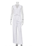 themeisles Summer White Linen Two Piece Set For Women Fashion Sleeveless Tank Top New In Matching High Waist Wide Pants Set