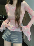 themeisles Pink Tie Dye Mesh Tops Women Summer Long Sleeve See Through Slim Sunscreen T Shirt Grunge Aesthetic Hot Girl Skinny Y2k Clothes