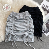 themeisles Draw String Cotton Mini Skirt Girls Summer Elastic Waist Grey Black Split Folds Skirts Women Sexy Bottoms