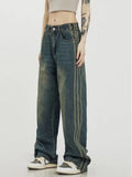 themeisles Vintage Washed Old High Street Side Striped Jeans Women's Loose Wide Leg Slim Pants Women's Jeans