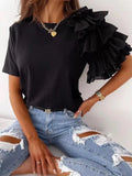 themeisles Women Summer Ruffles Short Sleeve Loose T Shirt Chic Elegant Solid O Neck Tops Casual Simple All Match Tee Streetwear Blouse