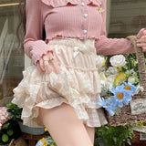 themeisles Kawaii Ruffle Skirt Women Coquette Cute Lolita High Waist A-line Bow Lace Fairycore Mesh Mini Skirt Summer Mori Girl