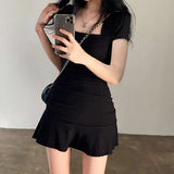 themeisles Ruched Black Dress Women Square Collar Short Sleeve Slim Mini Dress Summer Korean Fashion Folds Ruffles Bodycon Sundress