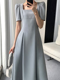 themeisles Vintage Square Collar Casual French Midi Dress for Women Elegant Party Ladies Pleated A-Line Femme Fashion Bodycon Dress Summer