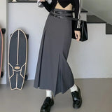 themeisles Korean Style High Waist Long Skirt Women Summer Double Belt Preppy Midi Skirts Woman Pleated Black Gray A Line Skirt