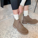 themeisles Autumn Boots    NEW Autumn Shoes Women Round Toe Chunky Shoes Split Leather Ankle Boots Lace-up Short Boots for Women Solid Black Winter Boots