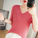 themeisles Women Sweater Short Sleeve Spring Summer Knitwears Korean Fashion Stripe Pullovers Slim Fit Knit Tops Casual V-neck Jumpers