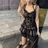 themeisles Summer Autumn Preppy Style Gothic Girls Sexy Sling Dress Balck Pleated Mini Short Plaid Women Sleeveless Large Pendulum Dresses