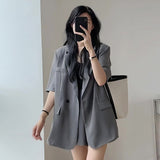 themeisles  Summer Retro Korean Version of the Temperament Short-sleeved Suit Jacket + Shorts Set Casual Loose Suit Two-piece Female