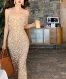 themeisles Women Sexy Sequin Strap Dresses Spring Summer Elegant Vintage Party Club Dress Korean Fashion One Piece Clothes