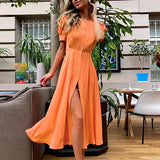 themeisles Women's Summer Long Dress Slit Orange Elegant Short Sleeve Maxi Dresses Office Ladies Buttons Holiday Shirt Dress For Women