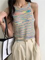 themeisles Colorful Striped Summer Tanks Tops Women Korean Rainbow Sleeveless Shirts Top O-Neck Slim Knitted Top Slim Sexy Streetwear