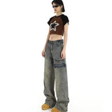 themeisles Hong Kong Style Retro High Waisted Workwear Jeans, Women's Summer New Unique Design, Straight Pocket, Floor Long Pants