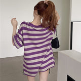 themeisles Striped T-shirts Women Slit M-4XL Streetwear Loose Summer Simple Short Sleeve All-match Students Ulzzang Fashion Casual Ins BF