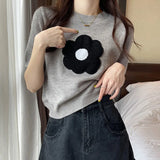 themeisles Summer Flower Embroidery T Shirt Women Korean Style Short Sleeve Knitted T-Shirt Woman All Match Round Neck Tee Tops