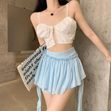 themeisles Ruffle Mini Skirt Women Chiffon Patchwork Ribbon Blue High Waist Fairycore Tulle Skirt Shorts Cute Sexy Skort Summer