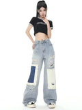 themeisles Design Sense Contrast Color Broken Hole Patch Women's Jeans Women's Summer Crowd High Waist Loose Straight Leg Long Pants