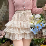 themeisles Kawaii Ruffle Skirt Women Coquette Cute Lolita High Waist A-line Bow Lace Fairycore Mesh Mini Skirt Summer Mori Girl