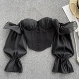 themeisles Summer Off Shoulder Tops Women Long Sleeves Solid Zipper Elastic Waist Tops Spring Fashion Ruffle Short Sexy Shirts