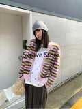 themeisles  Autumn Faux Fure Knitted Cardigan Women Casual Long Sleeve Button Kawaii Clothing Striped Sweater Female Korean Style Tops