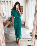 themeisles Women Summer Elegant Button Ruched Bandage Shirt Dress Fashion Casual Short Sleeve Solid V Neck Beach Maxi Dress