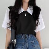 themeisles Korean Spring Summer Casual Polo T-Shirt Female Pullover Women's Loose Tees Top Fake Two Piece Suit Student Preppy Style