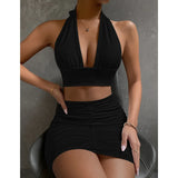 themeisles Lace Up V Neck Sexy Hollow Out Two Piece Set Women Backless Sleeveless Pleated Bodycon Mini Dress Summer Female