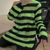 themeisles New Punk Gothic Long Unisex Sweater Summer Women Striped Cool Hollow Out Hole Broken Jumper Loose Rock Thin Dark Streetwear Top