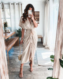 themeisles Women Summer Elegant Button Ruched Bandage Shirt Dress Fashion Casual Short Sleeve Solid V Neck Beach Maxi Dress