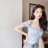 themeisles  New Summer Fashion Y2K T-shirt Woman Sleeveless Shoulder Off Sexy Clothes Crop Top Women Pleated Bandage Tee Shirt Femme