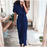 themeisles Women Summer Elegant Button Ruched Bandage Shirt Dress Fashion Casual Short Sleeve Solid V Neck Beach Maxi Dress