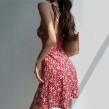 themeisles Summer Red Floral Print Dress Women Elegant Chiffon Spaghetti Strap Dress Woman Sexy Beach Backless Ladies Dresses