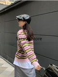 themeisles  Autumn Faux Fure Knitted Cardigan Women Casual Long Sleeve Button Kawaii Clothing Striped Sweater Female Korean Style Tops