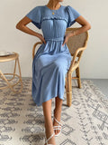 themeisles Spring Summer Sweet Solid Women Puff Short Sleeve O Neck High Waist Holiday Style Long Dress