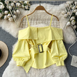 themeisles New Fashion Women Spring Summer Yellow Shirt Sexy Spaghetti Strap Slash Neck Off Shoulder Long Sleeve Blouse with Belt