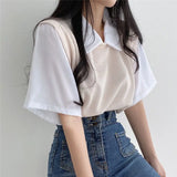 themeisles Korean Spring Summer Casual Polo T-Shirt Female Pullover Women's Loose Tees Top Fake Two Piece Suit Student Preppy Style