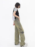 themeisles Vintage Street Deconstructed Design Sense Jeans Yellow Mud Dyed Old Vintage Straight Tube Loose Wide Leg Pants Women's Jeans