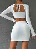 themeisles 2 PCS Sexy White Mini Dress Set Long Sleeve Top Summer Skirts Suits Bodycon Women Party Short Split Dress Suit