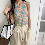 themeisles Colorful Striped Summer Tanks Tops Women Korean Rainbow Sleeveless Shirts Top O-Neck Slim Knitted Top Slim Sexy Streetwear